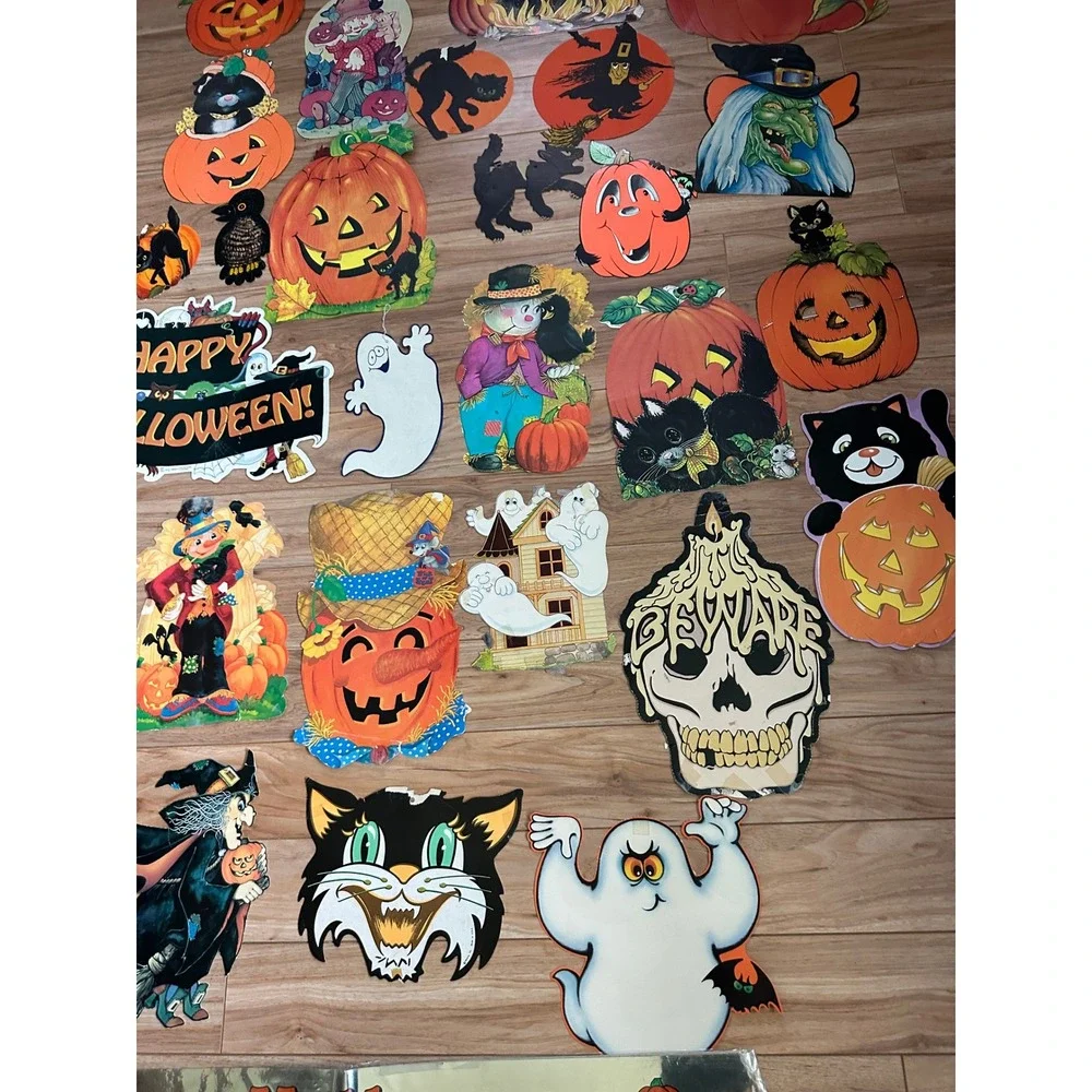 Vintage 30 Halloween Die Cut Paper Decorations Lot Witches Ghosts Cats Pumpkins
